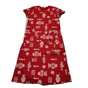 Donna‎ Dress Womens XL Red Painted Fish Maxi Crew Neck Patch Pocket Short Sleeve